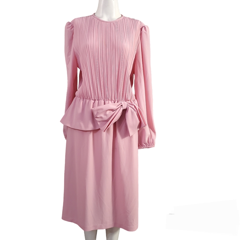 Vintage Boston Maid Ash Rose Peplum Bow Front Pleated Midi Dress